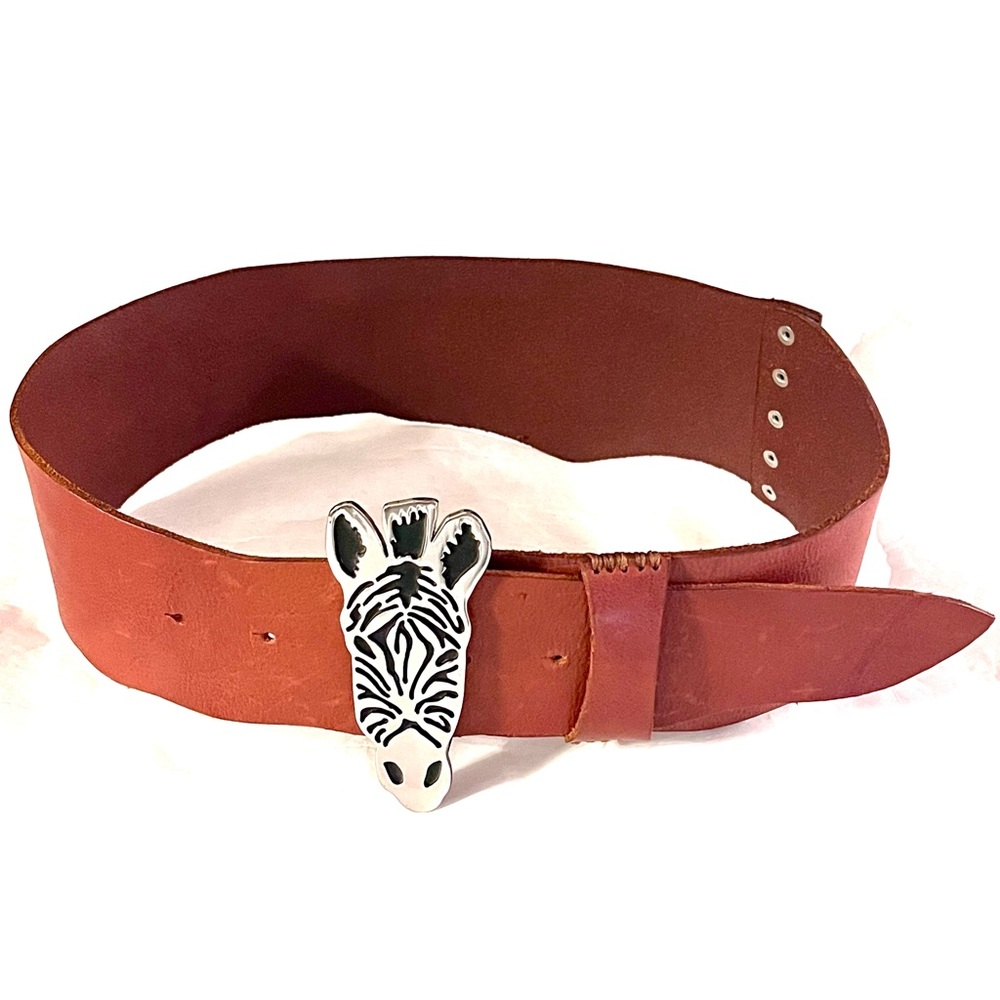 NEW Anthropologie Zebra Head Buckle Leather Belt Size Small Tan